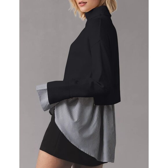 Women Asymmetrical Patchwork Sweater Dress Turtleneck Pullover Tunic Layering - Picture 4 of 5